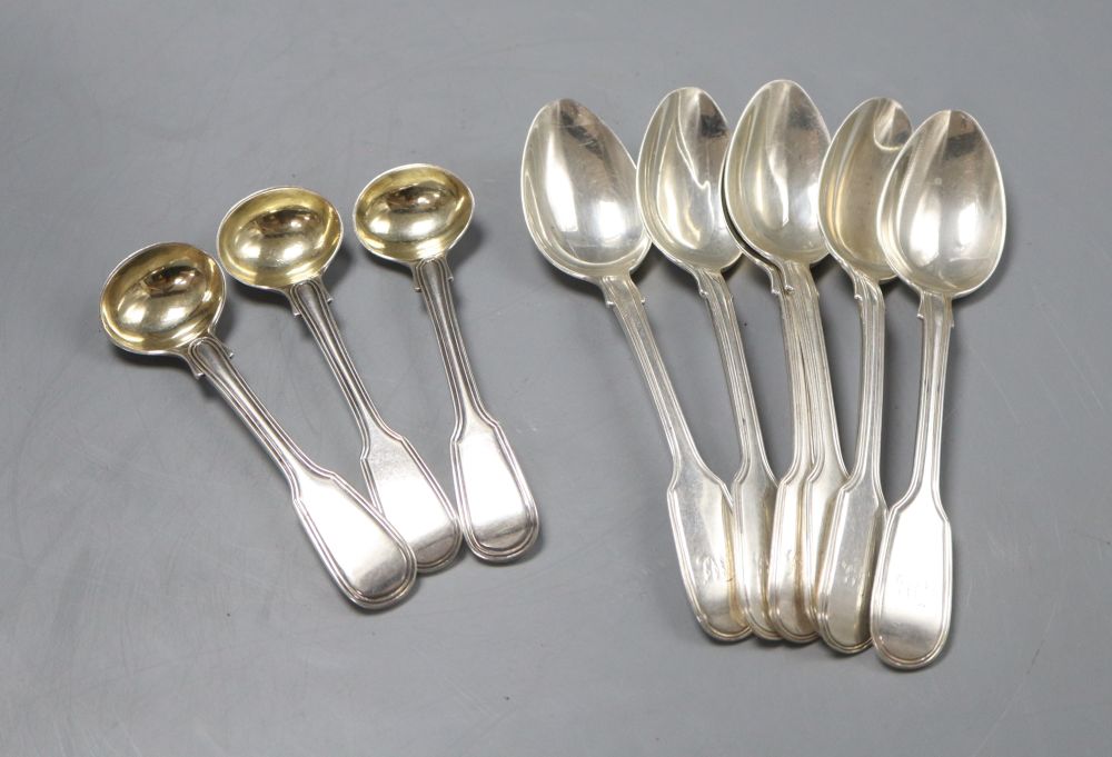 A set of six William IV silver fiddle and thread teaspoons, London 1835, and a set of three similar salt spoons, 8oz.